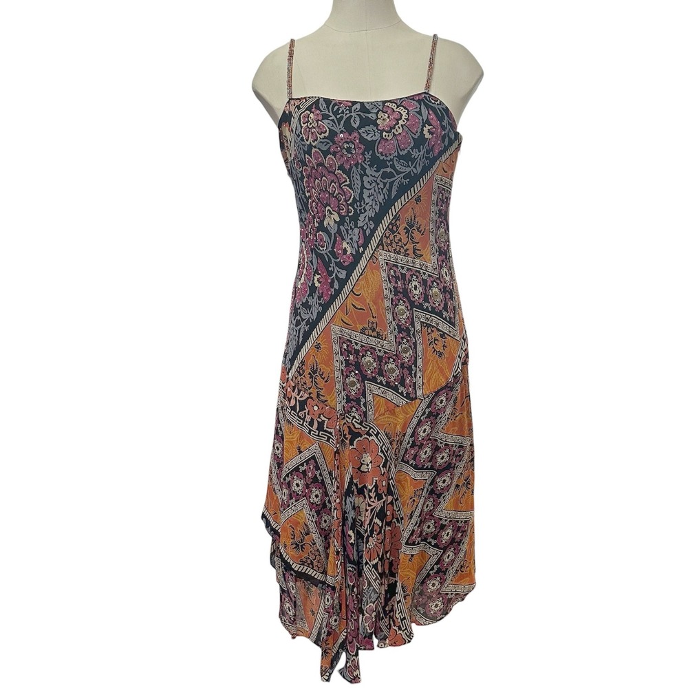 Eva Blue Y2K Beaded Orange Floral Midi Dress Size 10P Fairy Grunge Whimsigoth‎
